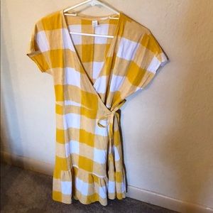 Yellow checkered wrap dress